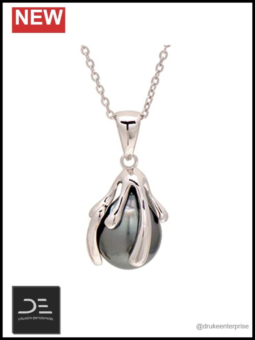 925 Sterling Silver Tahitian Black Pearl Pendant Necklace White Gold Plated